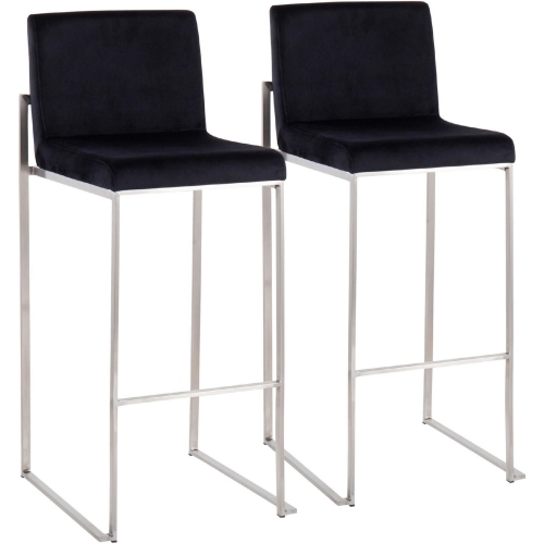 Fuji High Back 31" Bar Stool in Black Velvet & Stainless Steel (Set of 2)